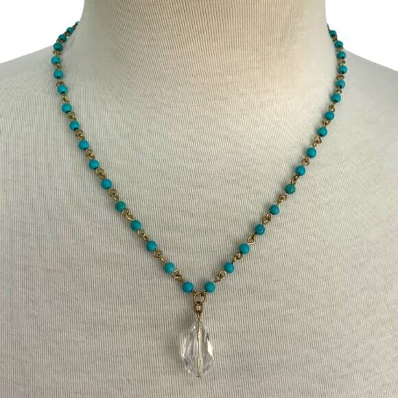 Teal & Gold Tone Beaded Clear Crystal Pendant Necklace - Picture 1 of 4